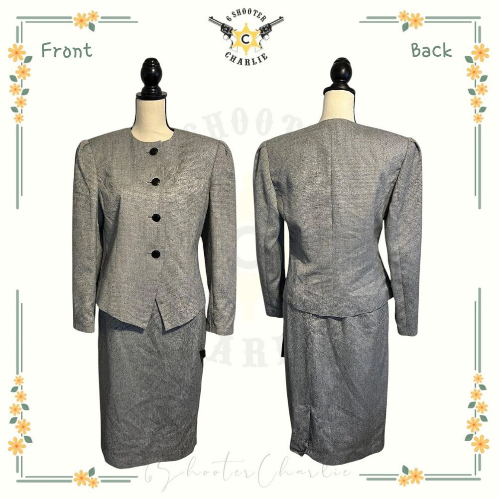 NWT Vintage Angie Monaco White Black Pattern Skirt Suit 4 Button Blazer Size 8